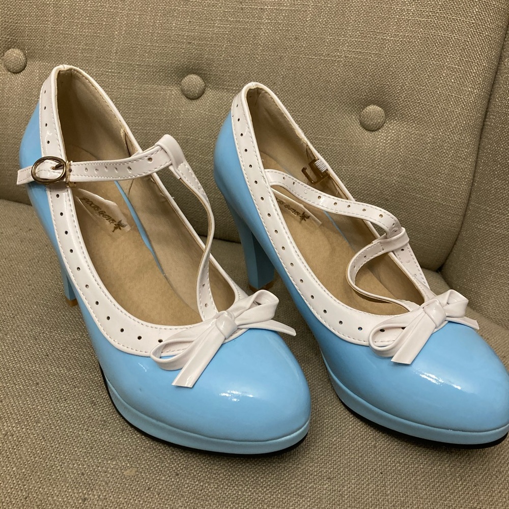 Blue and white patent leather heels